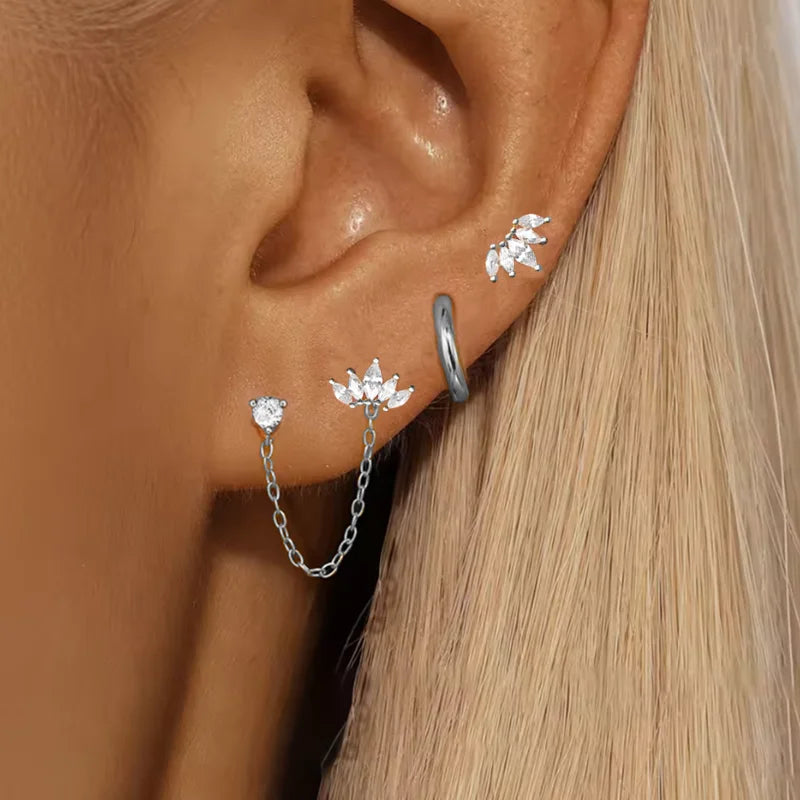 3PCS Stainless Steel Zircon Flower Star Ear Stud Earrings Set 14K Gold Plated Chain additional angle