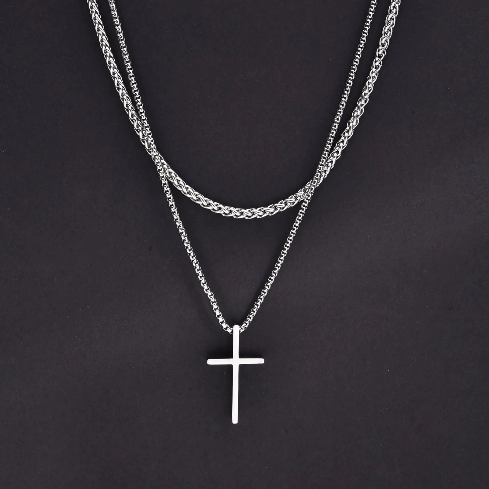 Men's Stainless Steel Layered Cross Necklace | Simple Prayer Pendant with Rope Box Cha close-up view