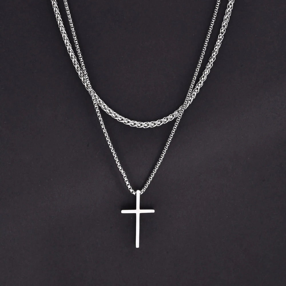Men's Stainless Steel Layered Cross Necklace | Simple Prayer Pendant with Rope Box Cha close-up view