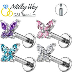 1PC G23 Titanium Butterfly Labret Piercing Lip Stud Cluster Zircon Tragus Flat Cartilage Stud Earrin