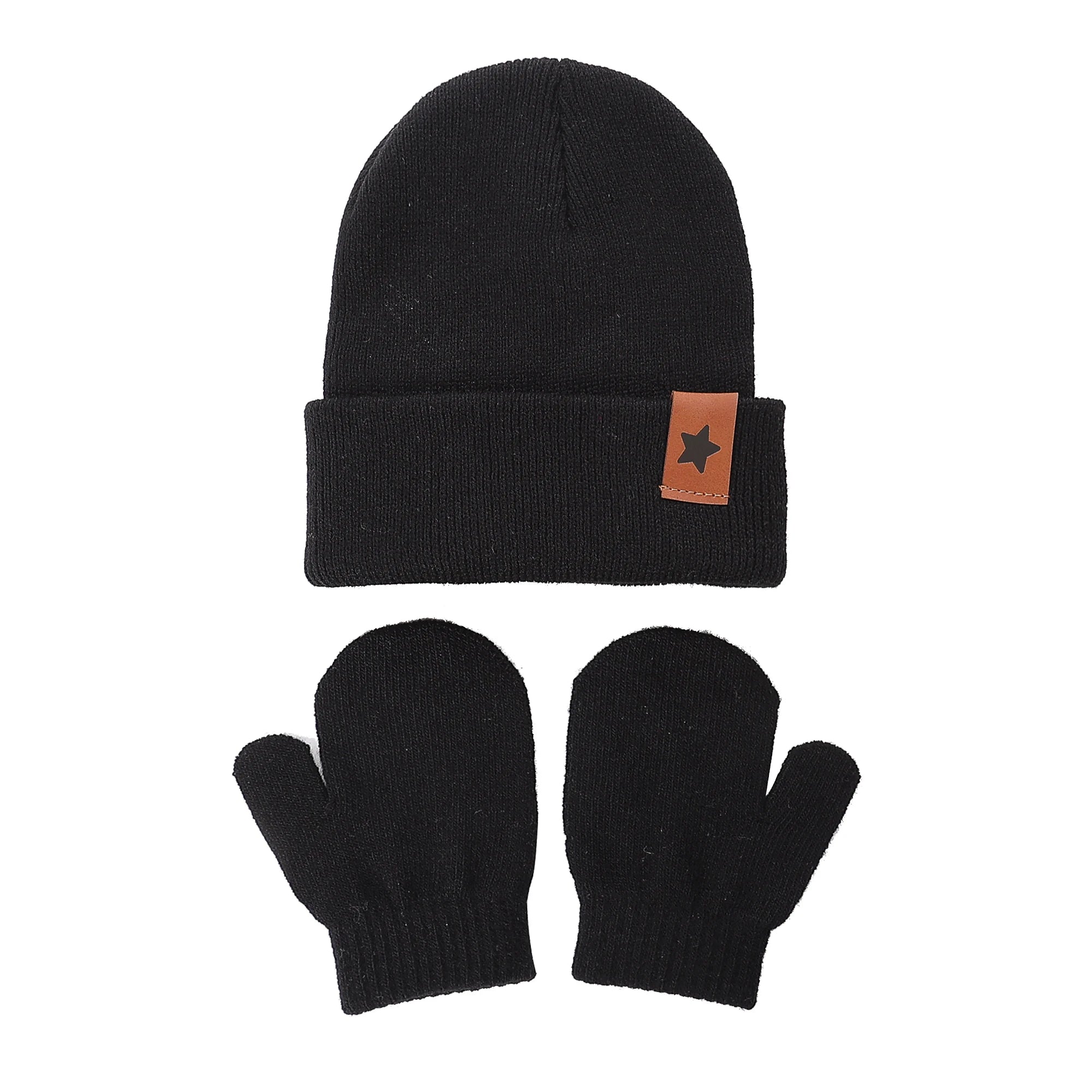 Baby Knitted Hat and Glove Set | Solid Winter Turban with Leather Star Tag alternate view