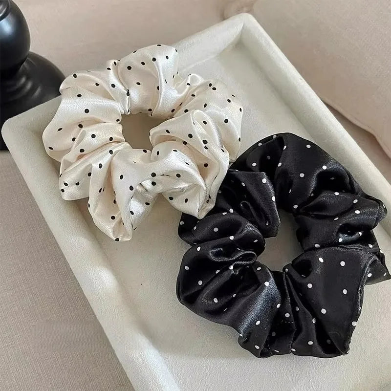 New Polka Dot White Scrunchies 12cm Large Hair Bands Female Elegant Black Hair Rope Ti close-up view