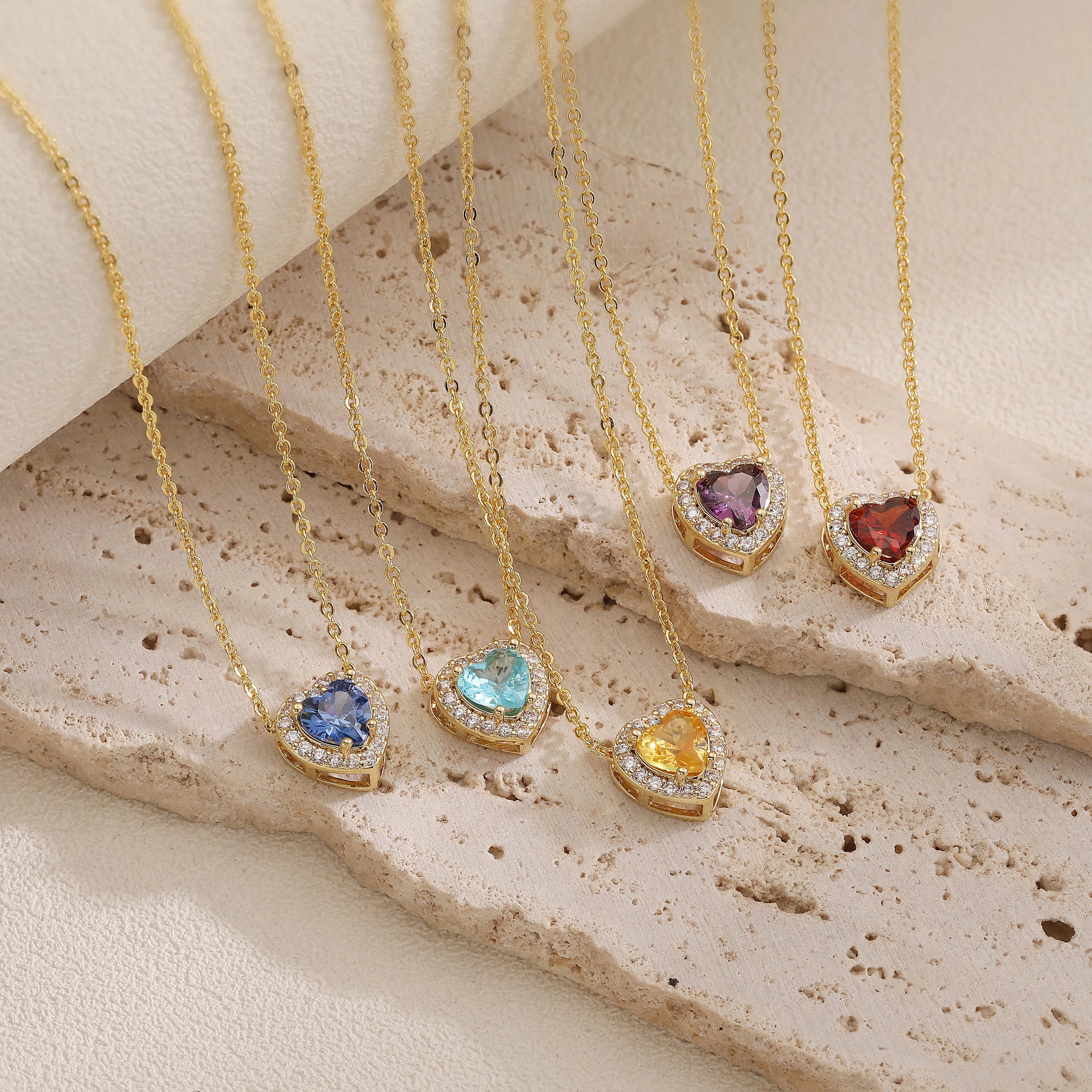 HECHENG Luxury Colored Crystal Heart Pendant Ocean Heart Necklace Brass Golden Plated Material Women