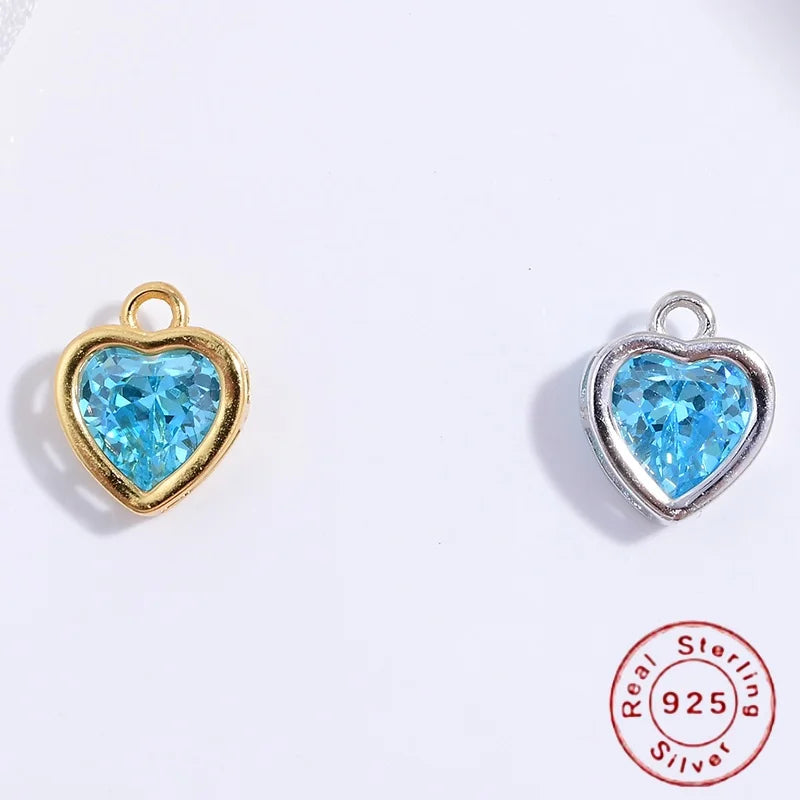 S925 Sterling Silver Heart Blue Crystal Charm DIY Handmade Bracelet Necklace Accessories For Women S