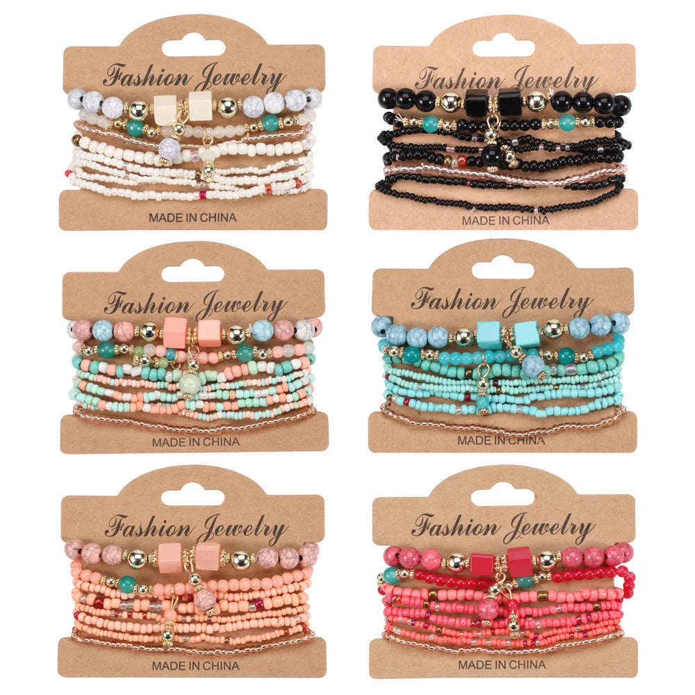 Bohemian Handmade Beads Bracelet Set For Women Summer Colorful Beaded Chain Bangle Girls Boho Jewelr