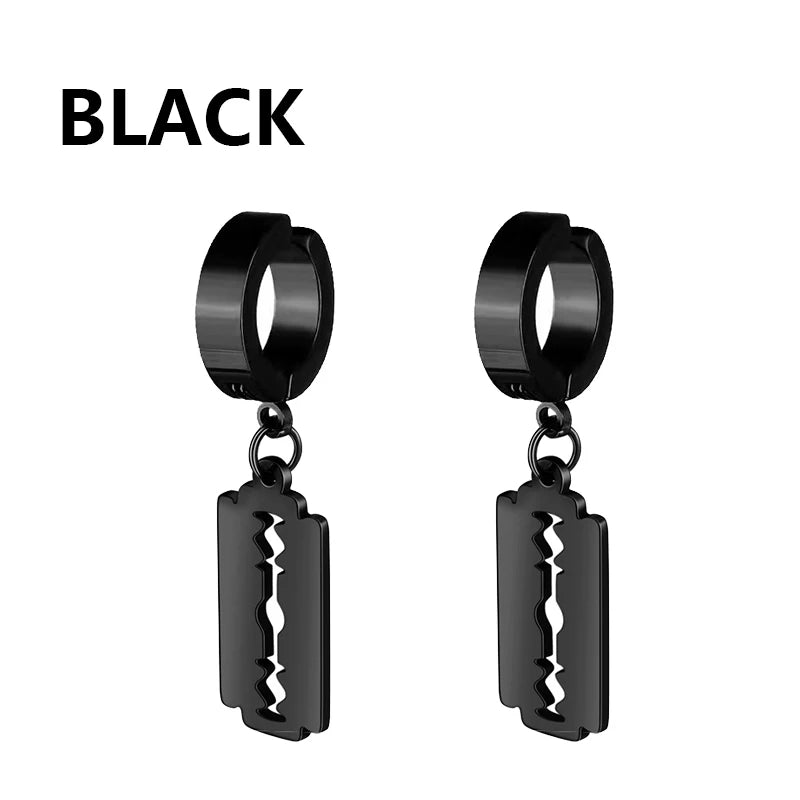 Vintage Razor Hollow Drop Earrings | Stainless Steel Punk Dangle Earrings for Men and close-up view