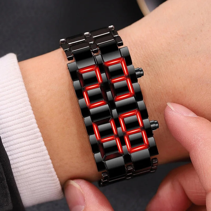 Fashion Mens Digital Lava Wrist Watch Men Black Full Metal Red Blue LED Display Watch lifestyle view