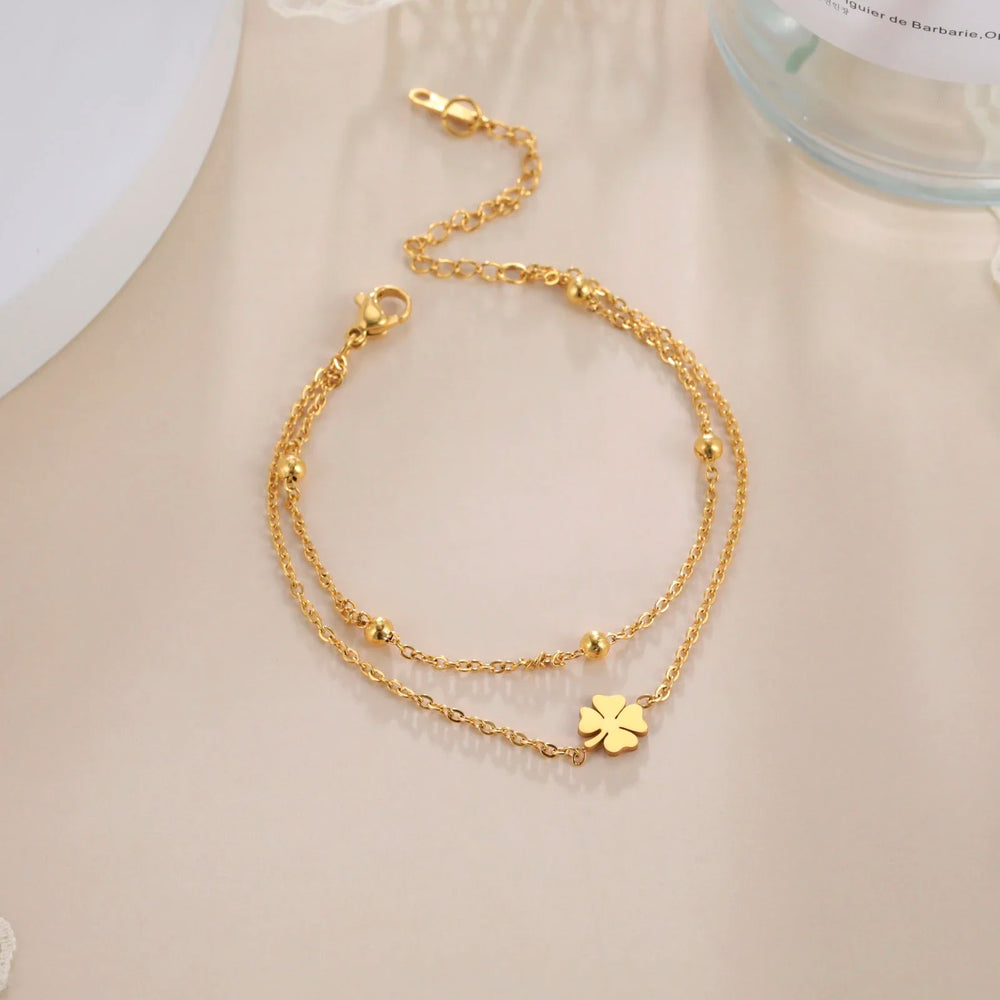 Skyrim Foot Chain of Women Men Silver Color Four-leaf Clover Stainless Steel Anklet Simple Beads Fas