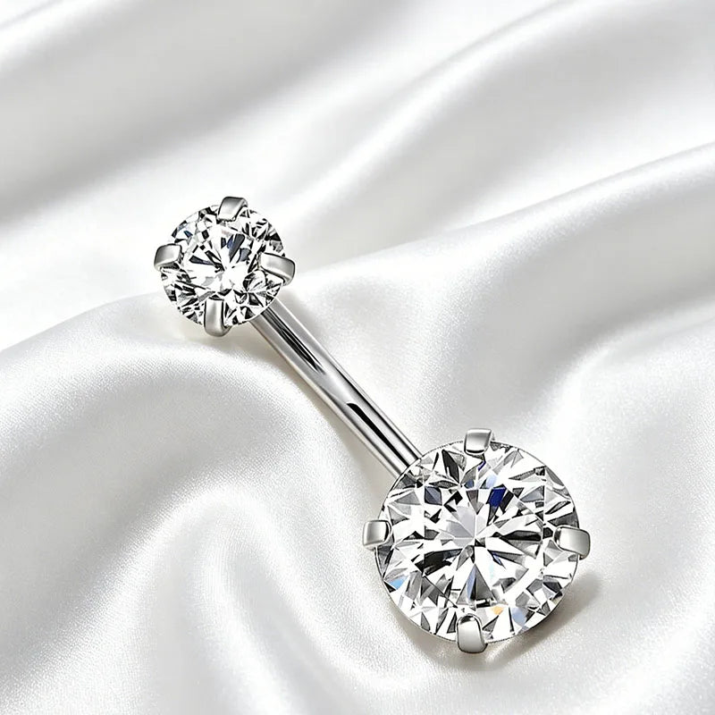 Silver Round 4-Prong Cubic Zirconia Navel Ring, 5*8mm CZ Inlaid Belly Piercing Jewelry N detail view