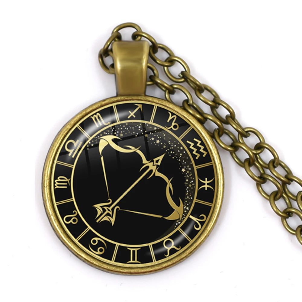 12 Constellation Zodiac Pendant Necklace | Antique Bronze Glass Dome Jewelry detail view