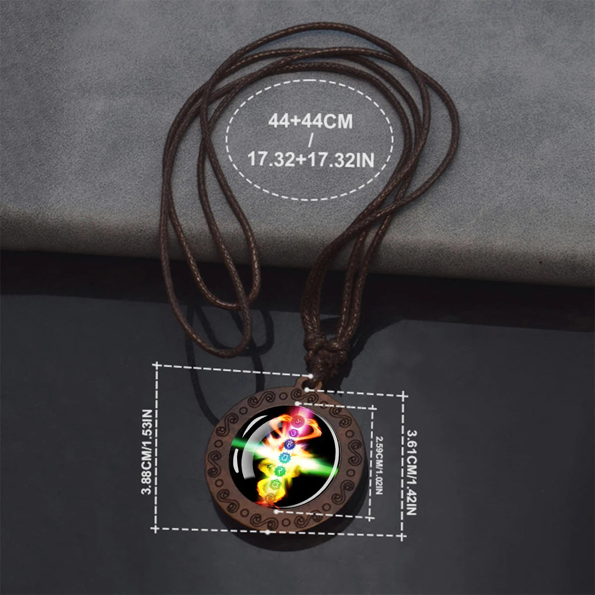 7Chakra Symbol Necklace Yoga Meditation Glass Dome Vintage Wooden Pendant Rope Chains alternate view