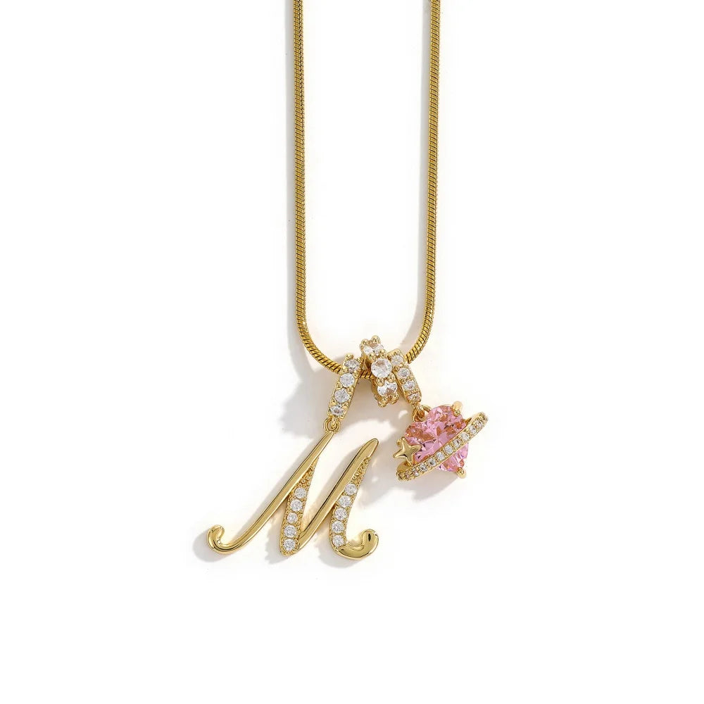 Gold Color Zircon Flower Pendant Necklace Female A-Z 26 Letter Alphabet Wedding Jewel lifestyle view