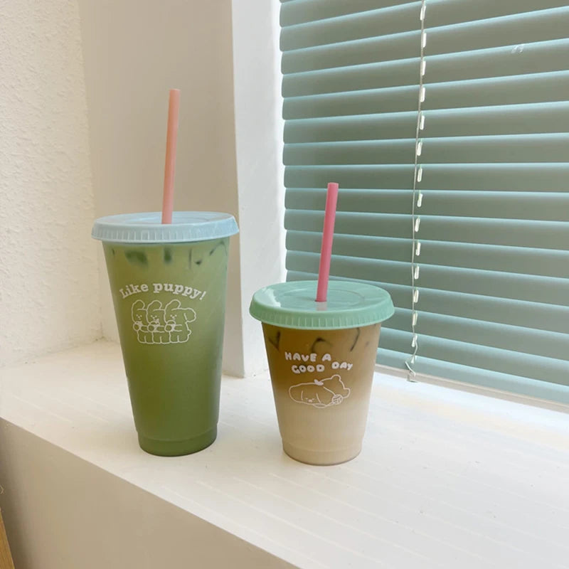 【Q】Water Bottle For Coffee Juice Milk Tea Kawaii Plastic Cold Cups With Lid Straw Por lifestyle view