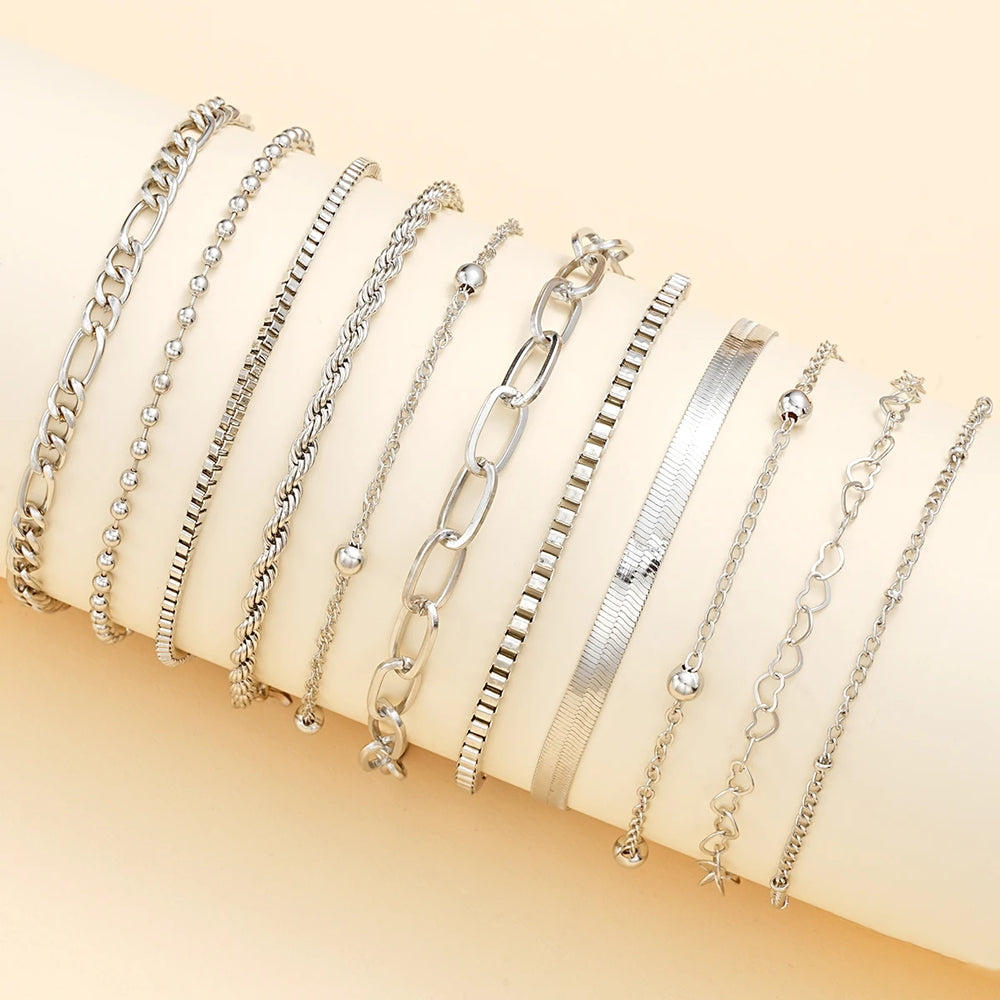 11Pcs/Set Boho Twisted Flat Snake Chain Anklet for Women Summer Beach Vintage Barefoo alternate view