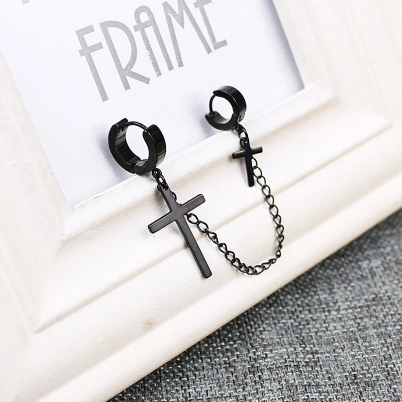 Punk Cross Pendant Clip Earring | Unisex Metal Chain Tassel Ear Cuff lifestyle view