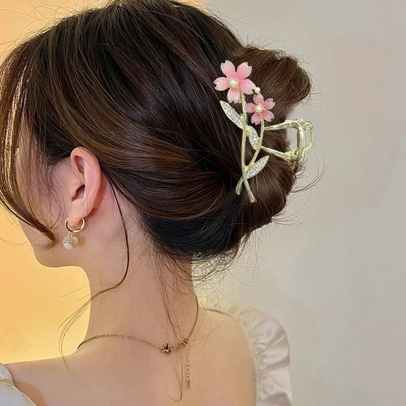 Shiny Rhinestone Pearl Sakura Hair Clip Women's Back of Head Flower Hair Claw Elegant Large Metal Sh