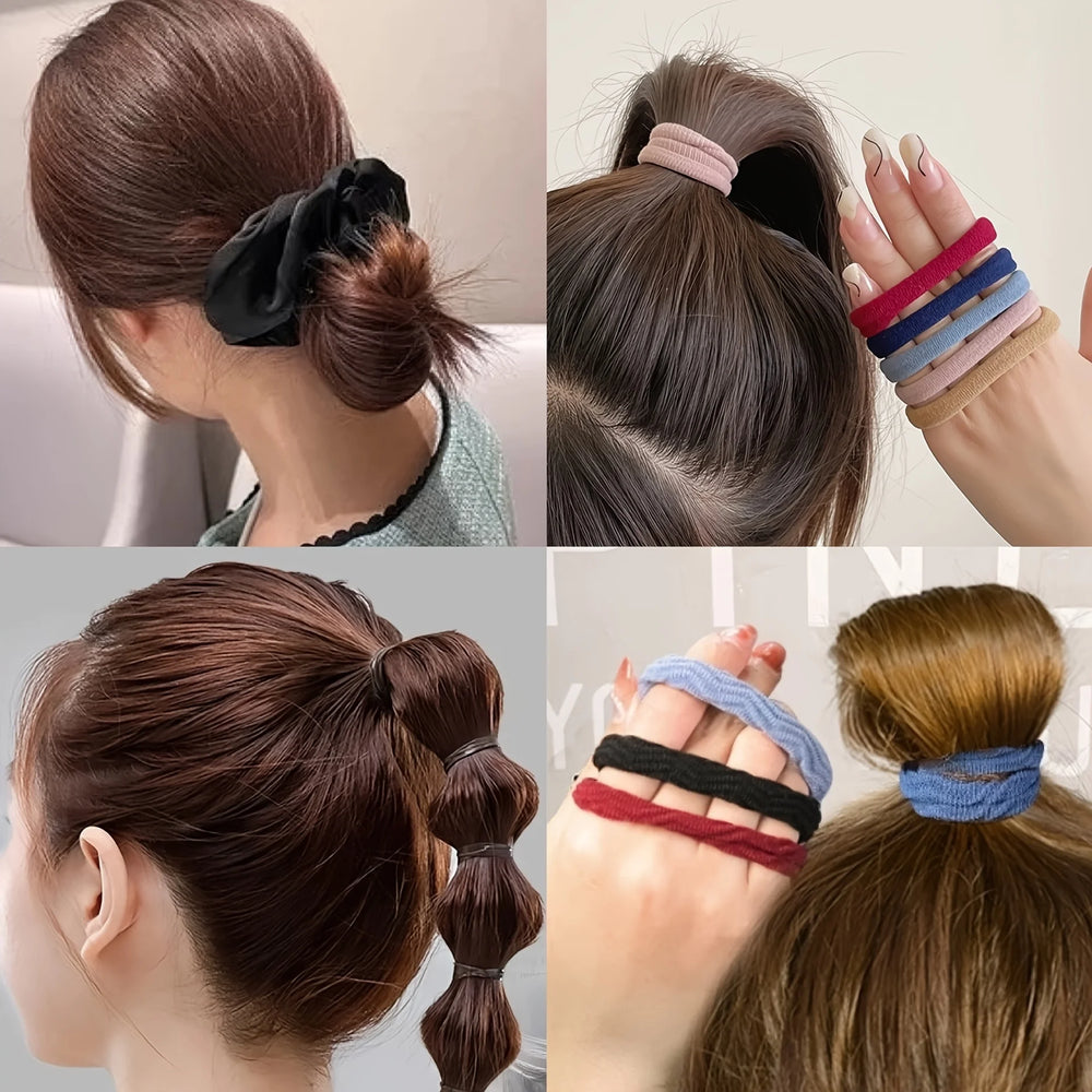 Women Dark Hair Set Elastic Seamless Ponytail Scrunchies Small Rubber Bands Hair Ties close-up view