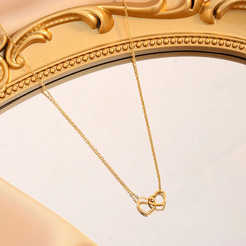 Romantic Double Heart Pendant Necklaces for Women Stainless Steel Charm Choker Neck additional angle