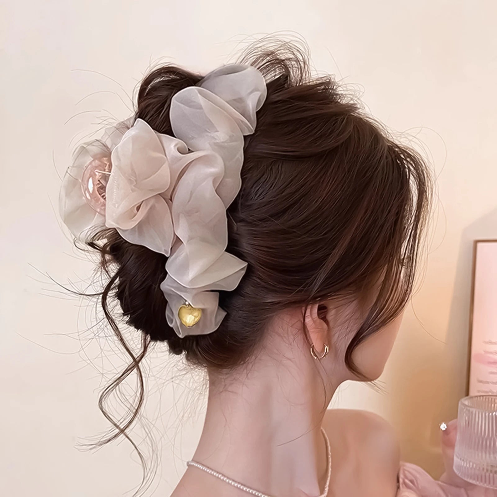 Gentle Large Hair Claw For Women Trendy Elegant Pleated Mesh Shark Gripper Korean Style Sweety Hair