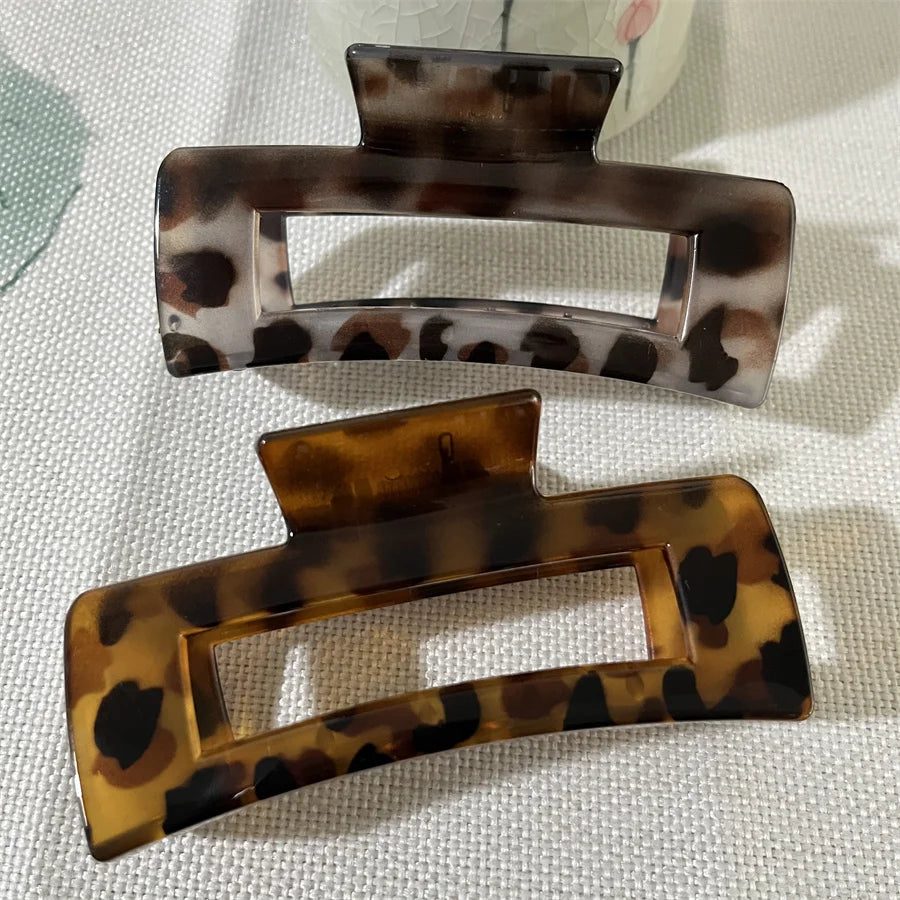 Vintage Leopard Print Hair Claw Clip Large Rectangular Secure Hold Hair Clip for Updos close-up view