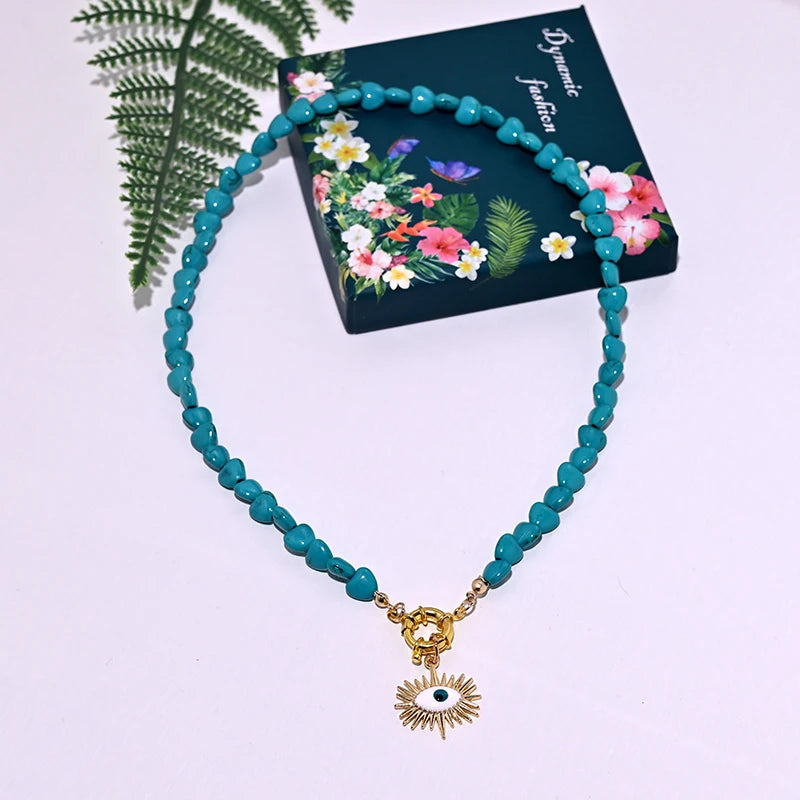 Heart Choker Necklace with Colorful Beads | Bohemian Eye Pendant Set for Women detail view