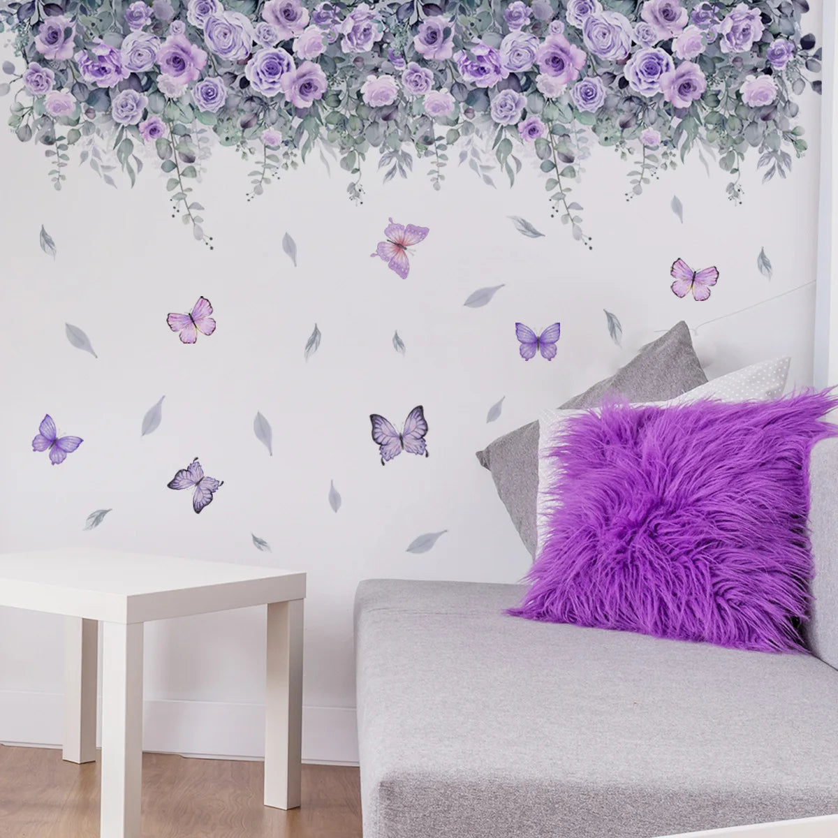 Purple Flower Wall Stickers Self Adhesive | Nordic Art Forest Butterfly Decals for Kids detail view