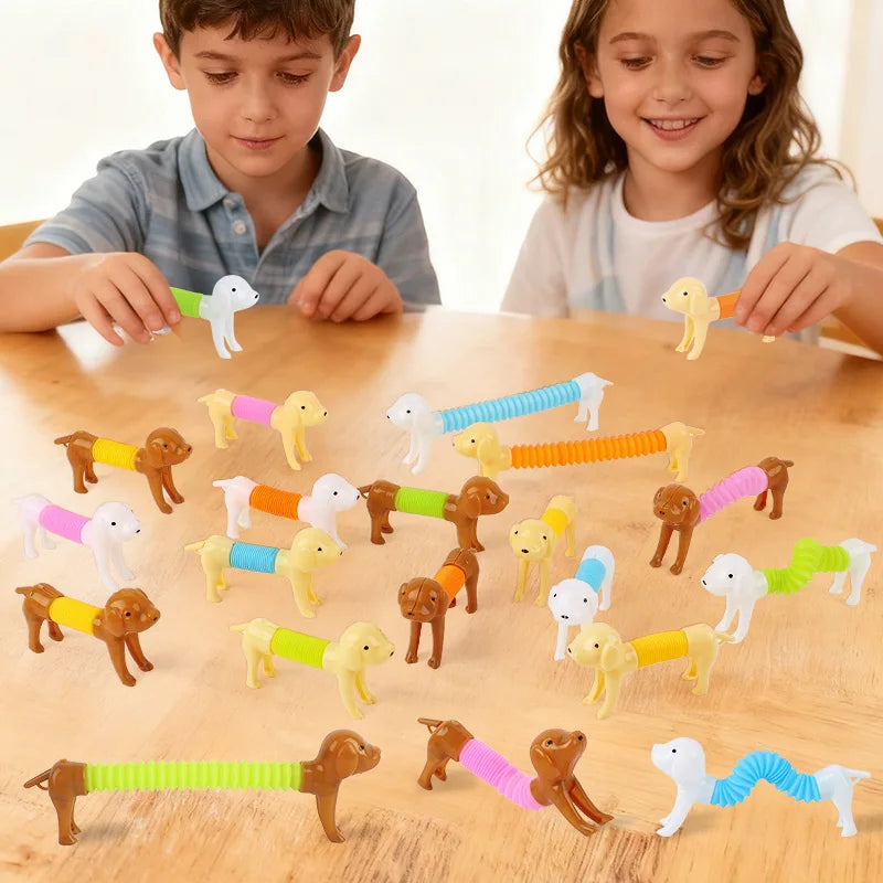 12/24Pcs Colorful Stretchable Dog Stretch Pop Tubes Telescoping Spring Animal Birthday close-up view