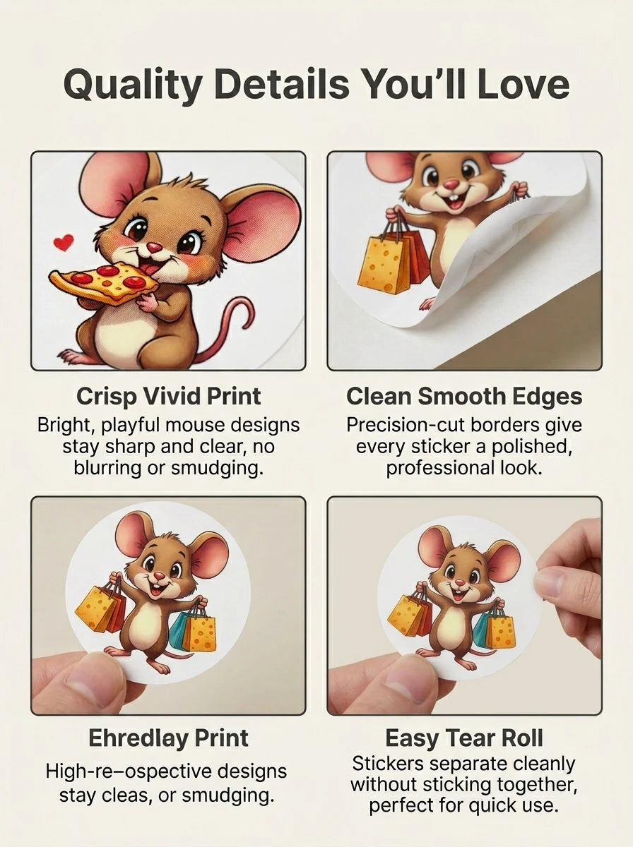 1Roll(500Pcs) Cute City Mouse Happy Life Stickers 2.5cm/1.0" 10 Designs Packaging Home close-up view