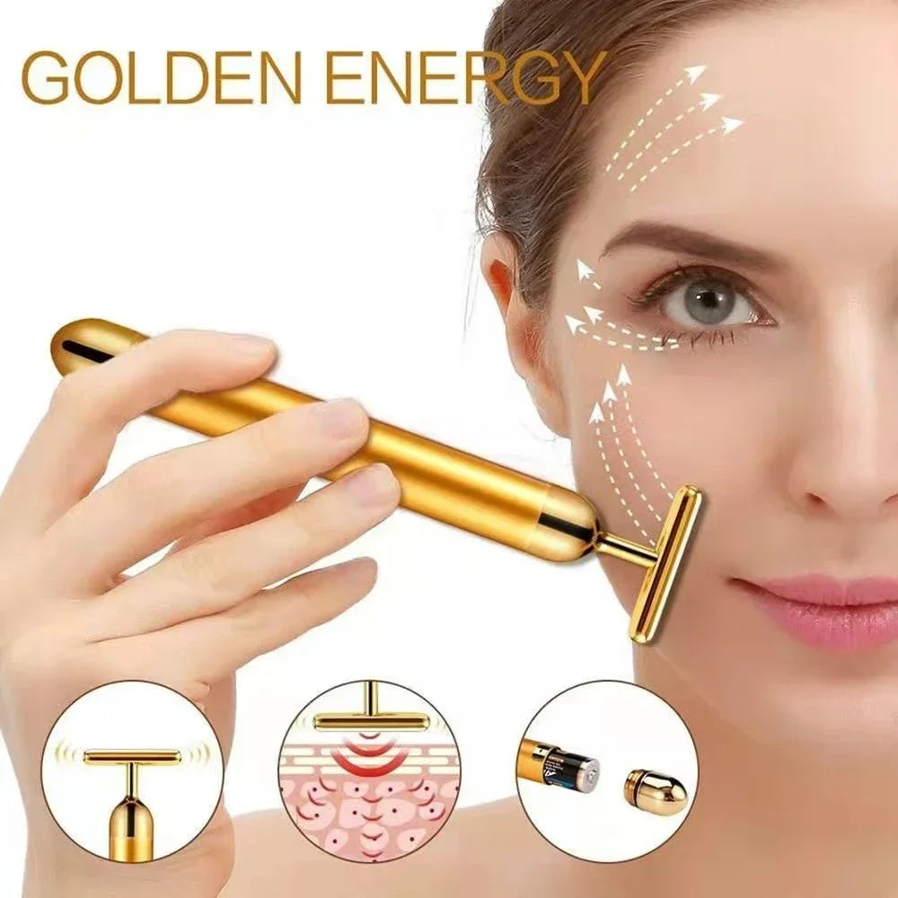 Gold Plated Facial Roller Massager | T-Shape Vibration Face Lift Tool
