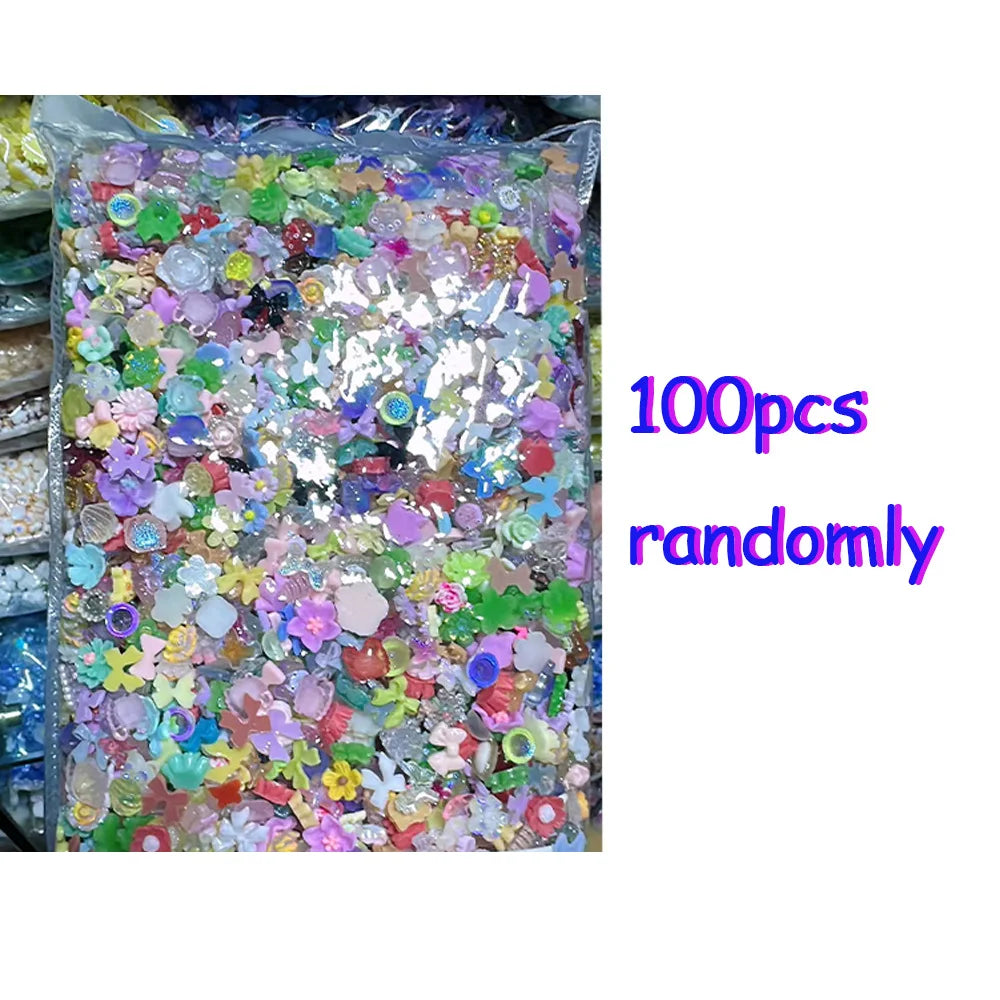 100PCS Random Mixed Strawberry Flowers Nail Charms Sweet Resin Flatback Moon Nail Art alternate view