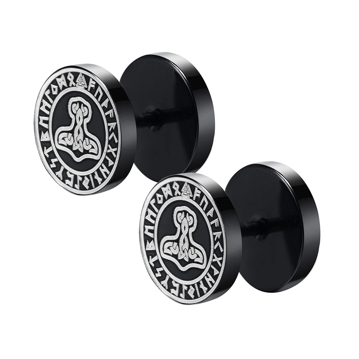 Gothic Norse Viking Runes Stud Earrings for Men | Stainless Steel Punk Jewelry detail view