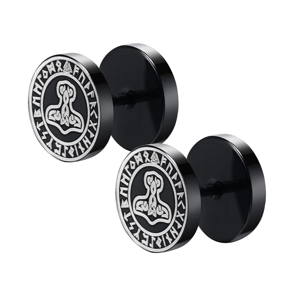Gothic Norse Viking Runes Stud Earrings for Men | Stainless Steel Punk Jewelry detail view