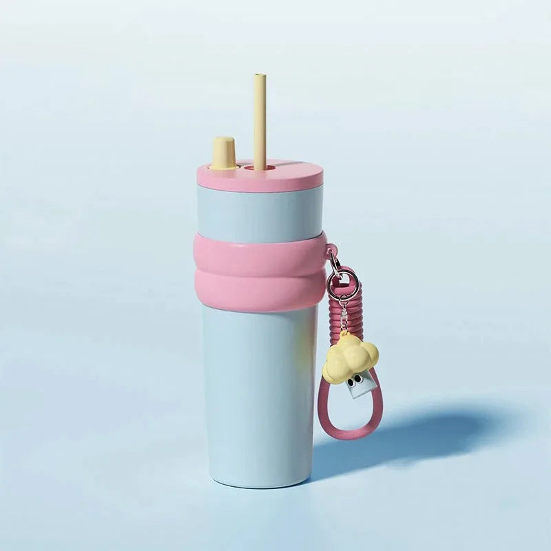24oz Portability Tumbler with Handle Straw Lid Large Volume Stainless Steel Vacuum Ins close-up view