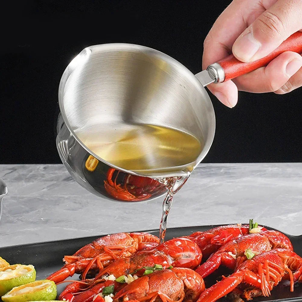 Stainless Steel Hot Oil Pan Hot Butter Warmer Flat Bottom Oil Splash Pan Saucepan For lifestyle view