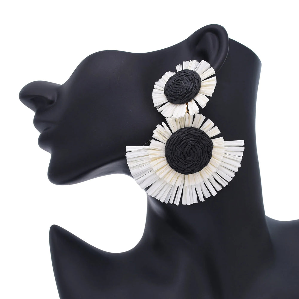 Black And White Raffia Fan Dangle Earrings | Bohemian Tribal Handmade Jewelry detail view