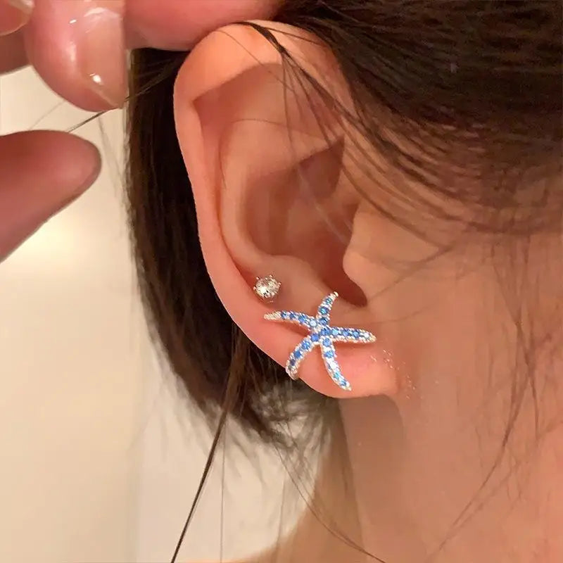 1Pair Fashionable Summer Blue Full Diamond Starfish Ear Studs Sweet Small Stud Earring close-up view