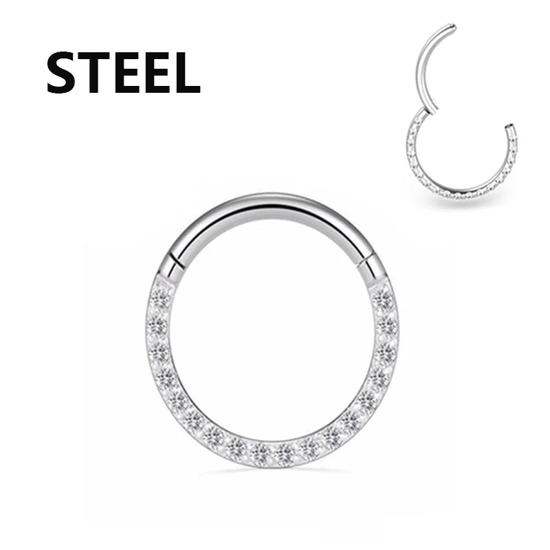 Steel Hinged Segment Hoop CZ Stone Nose Ring Nipple Clicker Ear Cartilage Tragus Helix L detail view
