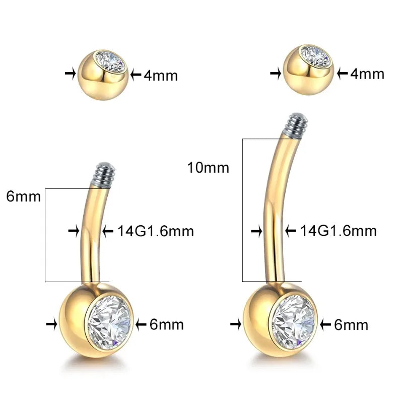 1Pcs G23 Titanium 14G Gold Color Belly Button Rings, Navel Nombril Piercing CZ Gem additional angle