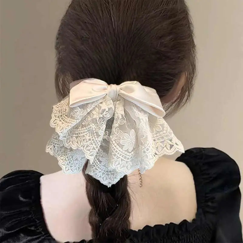 [E] French Elegant Ballet Style Lace Satin Bow Ponytail Hair Clip, Gentle And Sweet Shark Clip Hair Ornament On The Back Of Head