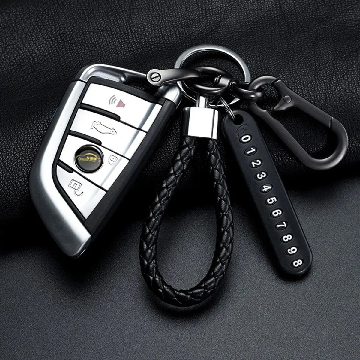 Trendy DIY Mobile Phone Number Plate Pendant Keychain for Men Punk Simple Woven Leath alternate view