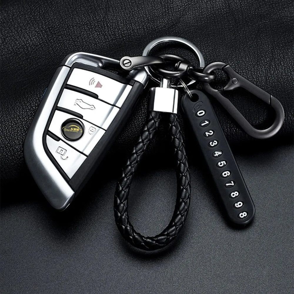 Trendy DIY Mobile Phone Number Plate Pendant Keychain for Men Punk Simple Woven Leath alternate view