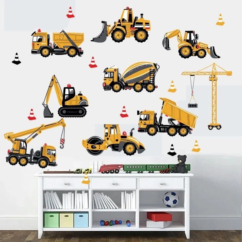 Cartoon Excavator Construction Wall Decals | Baby Boy Nursery Kids Room Stickers additional angle