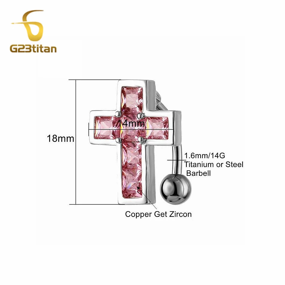 1.6mm 14G Titanium Bar Navel Ring Pink Zircon Cross 6-16mm CZ Short lifestyle view