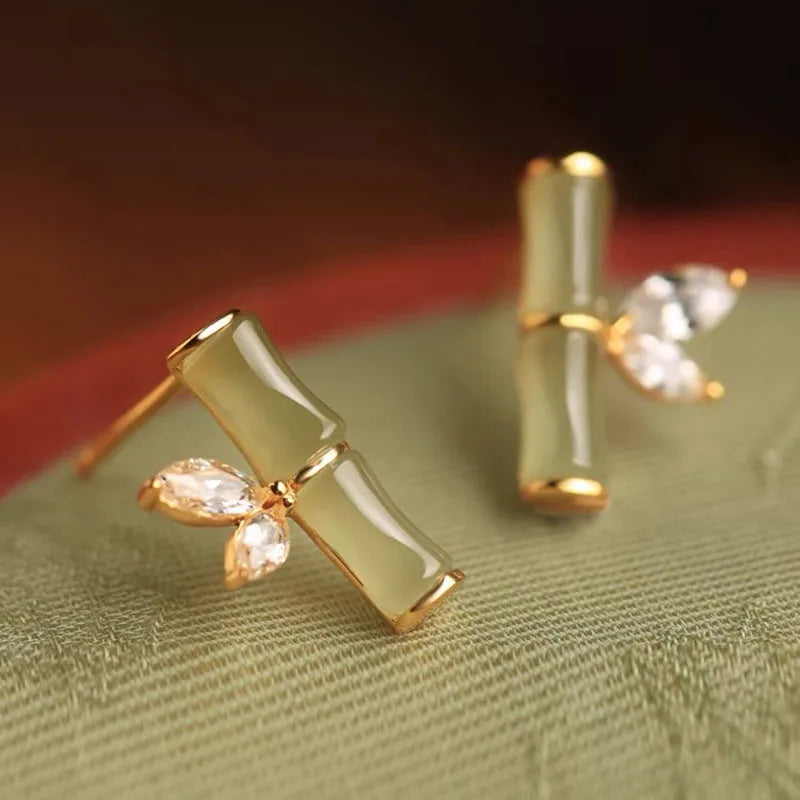 Vintage Ethnic Style Imitation Jade Bamboo Crystal Stud Earrings Women Temperament Ch alternate view