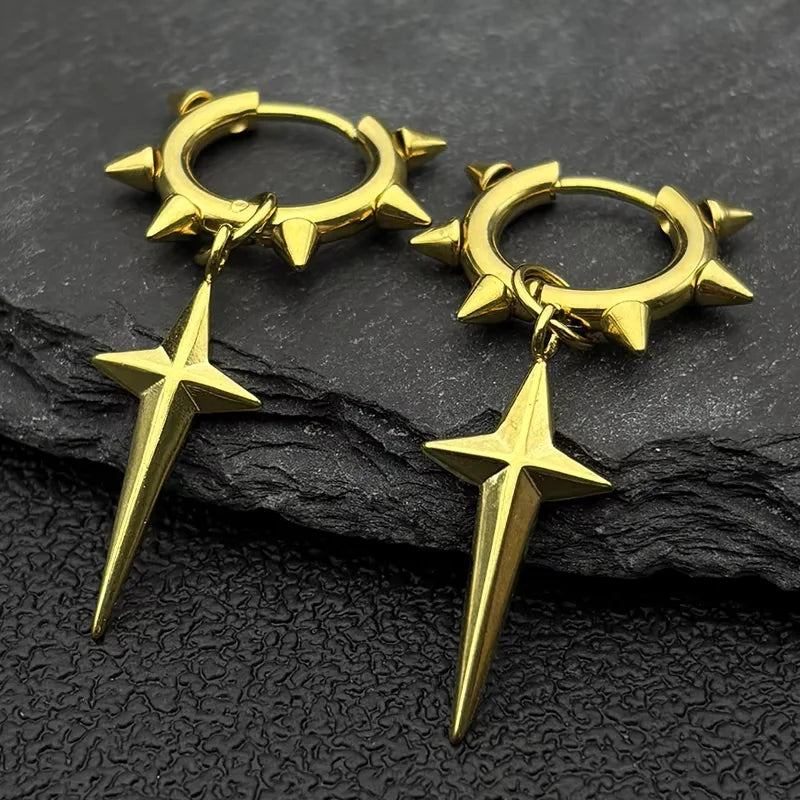 Stainless Steel Star Cross Hoop Earrings | Punk Kpop Y2K Drop Earrings for Women alternate view
