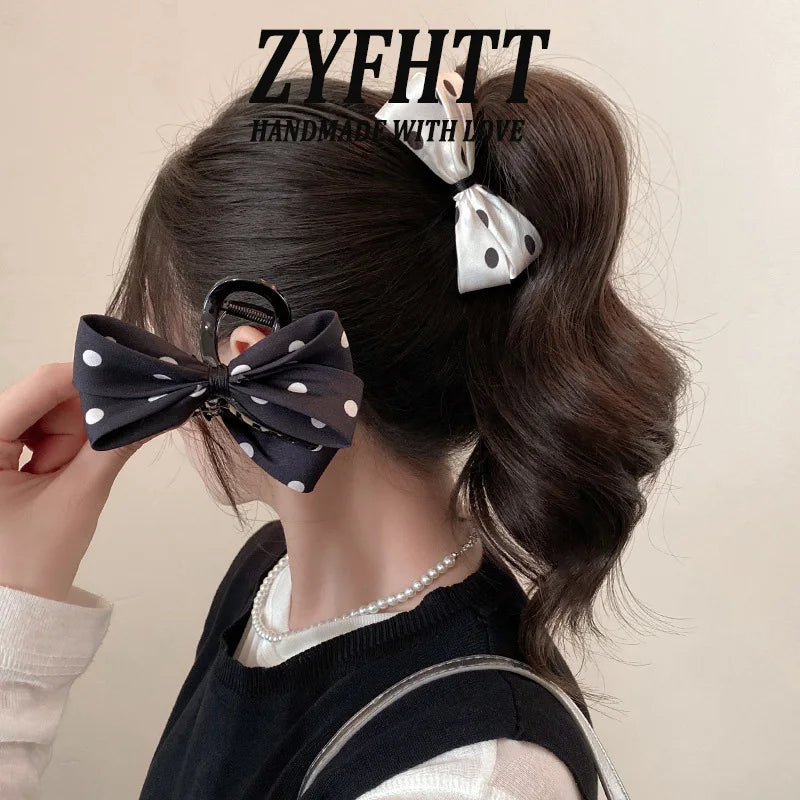 1/2pcs ZYFHTT Classic Black White Polka Dot Bow Hair Clip Claw for Women Elegant Shark Clip Fashion Girl Ponytail Hair Clamp