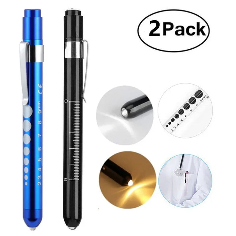 2Pcs Medical Pen Light Flashlight | LED Diagnostic Torch with Pupil Gauge for Doctors and Nurses