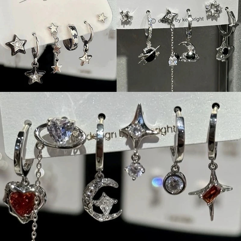 6PCS Goth Punk Vintage Aesthetic Crystal Heart Moon Cross Star Pendant Earrings Set | Grunge Y2K Jew