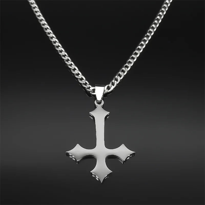 Goth Upside Down Cross Stainless Steel Pendant Necklace | Inverted Crucifix Gothic Jewel detail view