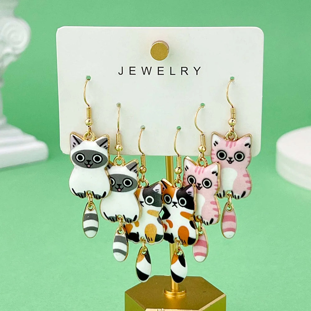 Fashionable Enamel Cat Earrings Set | 3 Pairs Cute Cartoon Drop Earrings for Women an alternate view